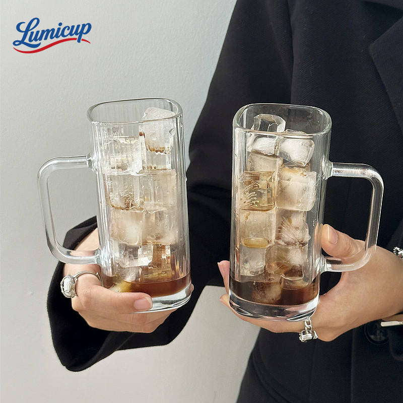 แก้วมือถือสี่เหลี่ยมลายริ้ว แก้วกาแฟเย็น ชาเขียว อุปกรณ์คาเฟ่สุดหรูถ่ายรูปสวย