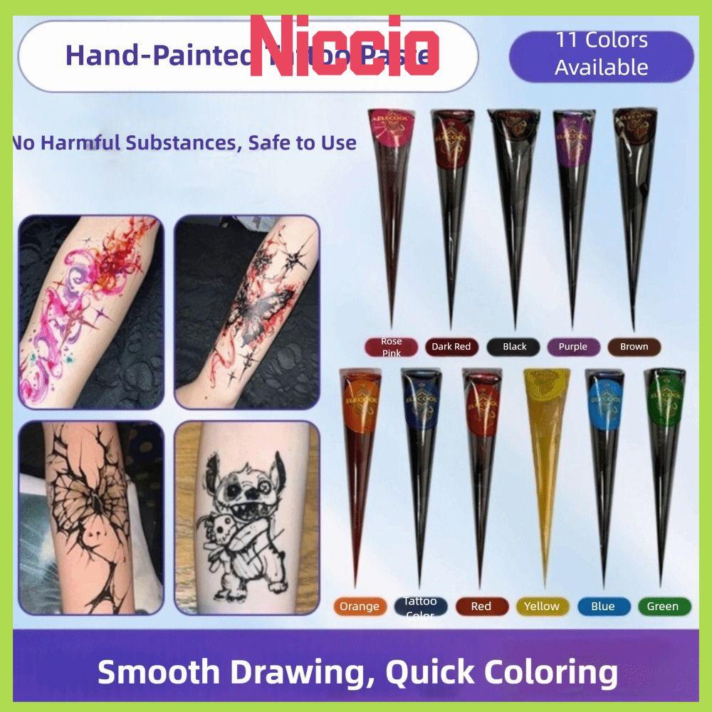 NICCIO Henna Tattoo Cream,ชั่วคราวกึ่งถาวร Henna Paste Cone, Henna Cream สีดําสีน้ําตาลใช้งานง่าย Me