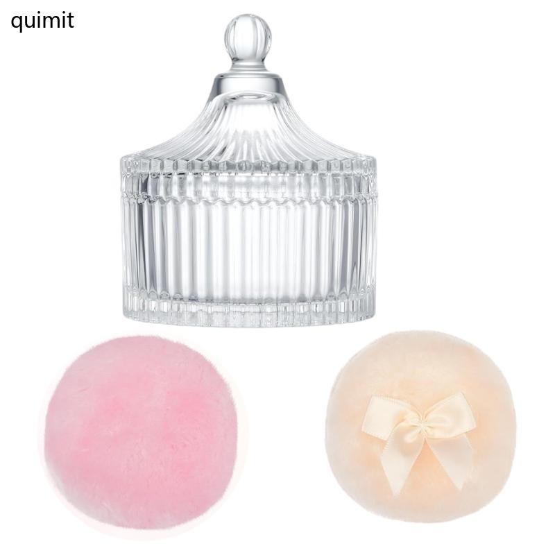 QUIM Sturdy Glass Powders Puff Holder with 3 Large Puff for Efficient Beauty Tool Management Makup T
