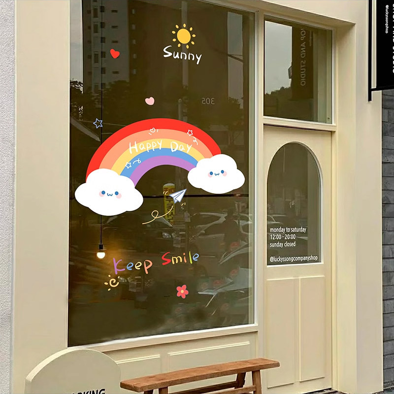 สติกเกอร์แก้วสีรุ้งกาแฟนมร้านน้ําชาหน้าต่างตกแต่งสติกเกอร์ปราศจากกาวการตรวจสอบ