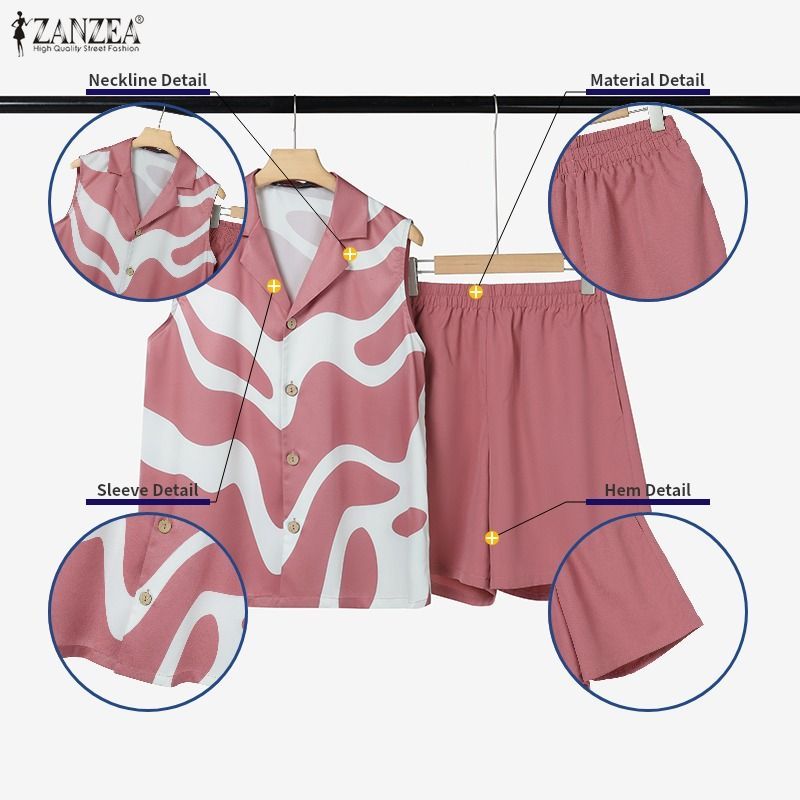 ZANZEA ใส่ ซานเซีย ผู้หญิงวันหยุดเกาหลีสไตล์ปกปุ่มขึ้นแขนกุดคลื่นพิมพ์กางเกงขากว้างสองชิ้น — صورة 7