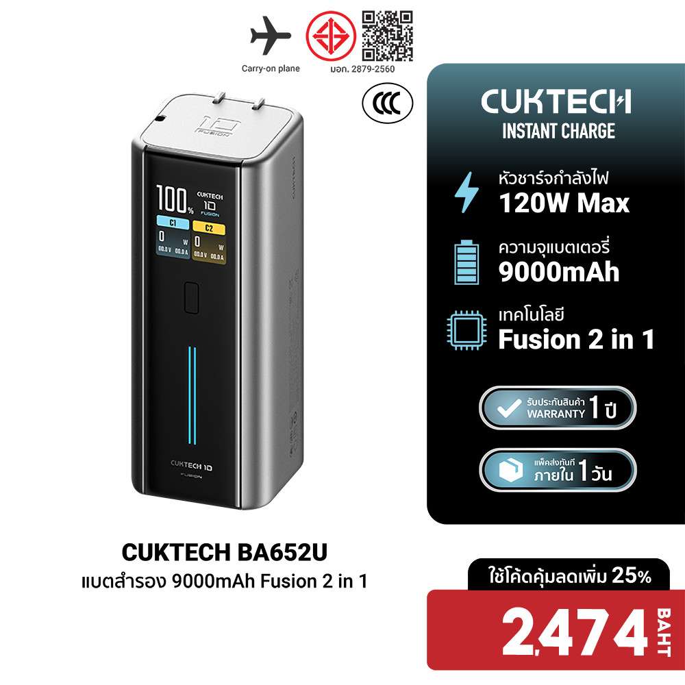 [ลดเหลือ 2474] CUKTECH BA652U Fusion 2 in 1 หัวชาร์จ 120W Max CCC พร้อมแบตสำรอง 9000mAh ในตัวเดียว ขาปลั๊กพับได้ -1Y