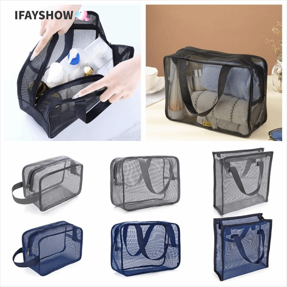 IFAYSHOW ถุงตาข่ายอาบน้ํา, สีเทาสีฟ้า Beach Handhold Storage Bag, ทนทานขนาดใหญ่ Capcity พับน้ํารั่ว Gym Tote กระเป๋าห้องน้ํา Shower Organizer