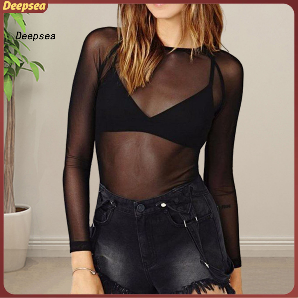 DPA ผู้หญิงs ดูผ่านตาข่ายแขนยาว Ultrathin Breathable รอบคอPullover Soft Elastic Slim Fit เสื้อสีทึบส