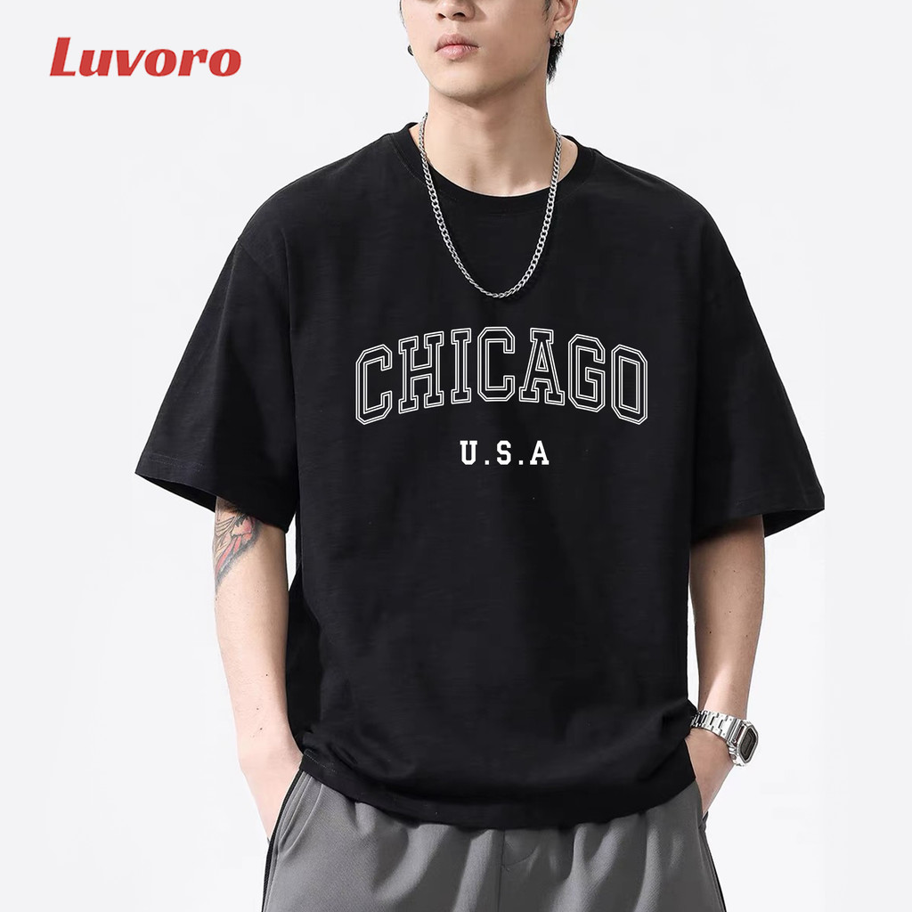 (ผ้าฝ้าย 100%)Luvoro oversize unisex เนื้อผ้านุ่มระบายแขนสั้น  T-shirt สีดำและสีขาว เสื้อยืดทูโทน เสื้อยืดแขนสั้น C1861