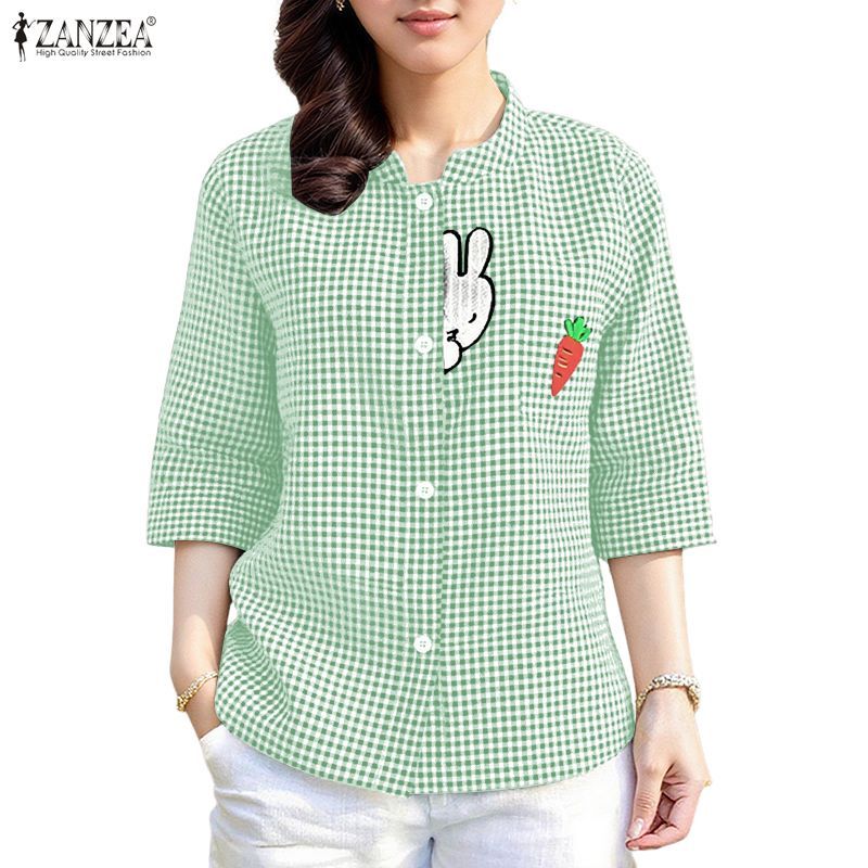 เสื้อเชิ้ตแขนสั้นลายสก็อต สไตล์เกาหลีจากซานเซีย สำหรับผู้หญิง