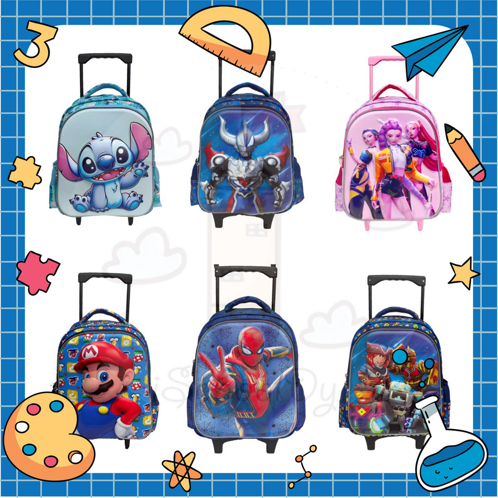 ISchoolDy เด็กการ์ตูน Spiderman Super Mario Roblox Ultraman Kpop Non ที่ถอดออกได้ Mini รถเข็นกระเป๋านักเรียน