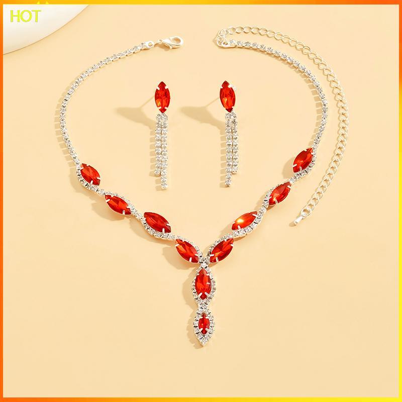 ชุดสร้อยคอกับต่างหู Rhinstone ออกแบบแฟชั่นประณีต มีหลากหลายสีให้เลือก เช่น แดง น้ำเงิน และเงิน - TSR