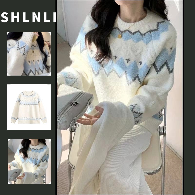 เสื้อกันหนาวถักสไตล์วิทยาลัยเกาหลี คอกลมและเนื้อผ้ายางยืดนุ่ม