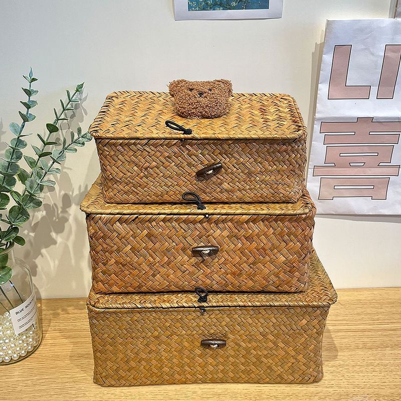 收纳筐草编柳编收纳盒桌面杂物有盖收纳盒子储物盒编织日式零食篮12.20Storage Basket Straw Weav Willow Weav Storage Box Desktop Sundrie