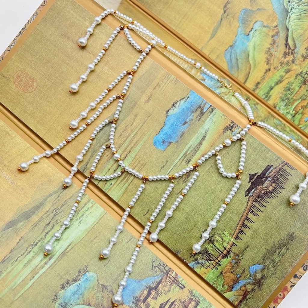 Bun Yingluo Dual-Use Made in Song Dynasty เลียนแบบ Pearl Bun เครื่องประดับผม Hanfu Headdress สร้อยคอ