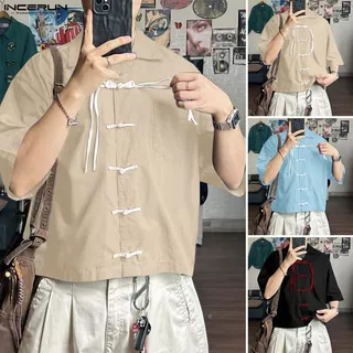 INCERUN ผู้ชายเกาหลีสไตล์แห่งชาติLapel Raglanแขนกบปุ่มออกแบบหลวมสีคมชัดเสื้อ