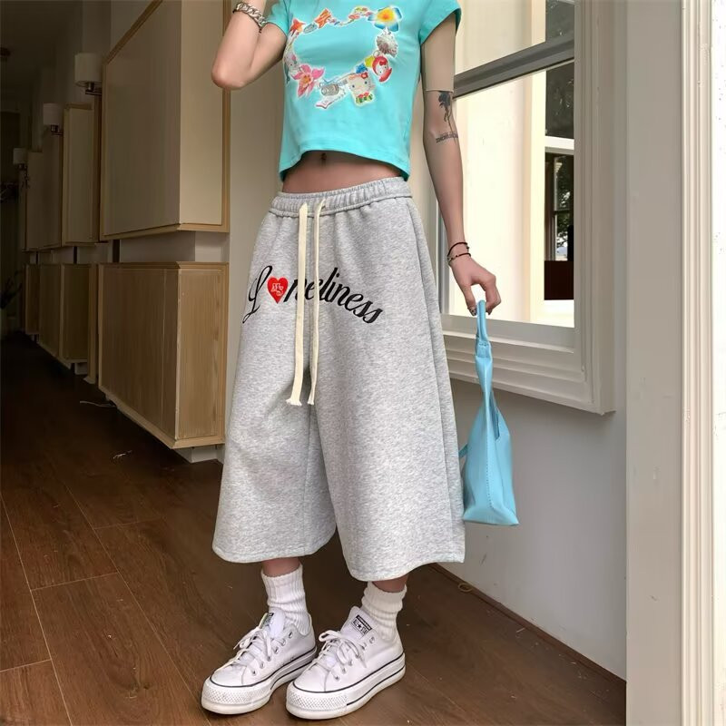 EERSHENSHHI Summer Retro Love Letter Print Loose Wide Leg Cropped Pants