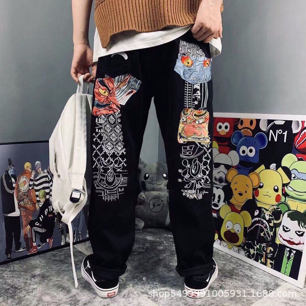 Evisu ปักกางเกงยีนส์หลวมผู้ชาย