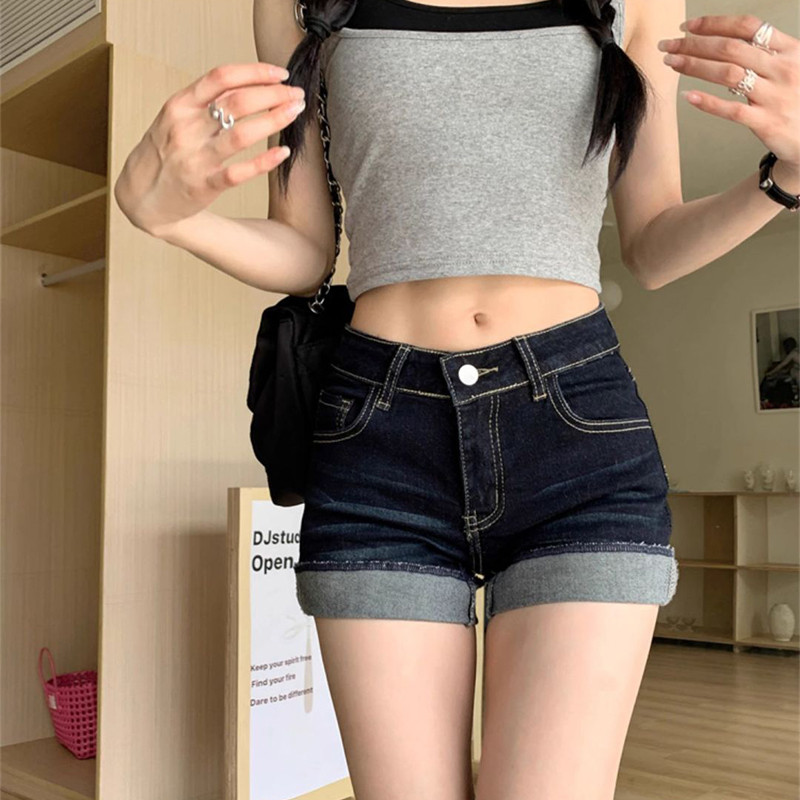 Up Hem Washed Denim Shorts Women Streetwear High Waist Slimming Hot Pants Korean Fashion Deep Blue H