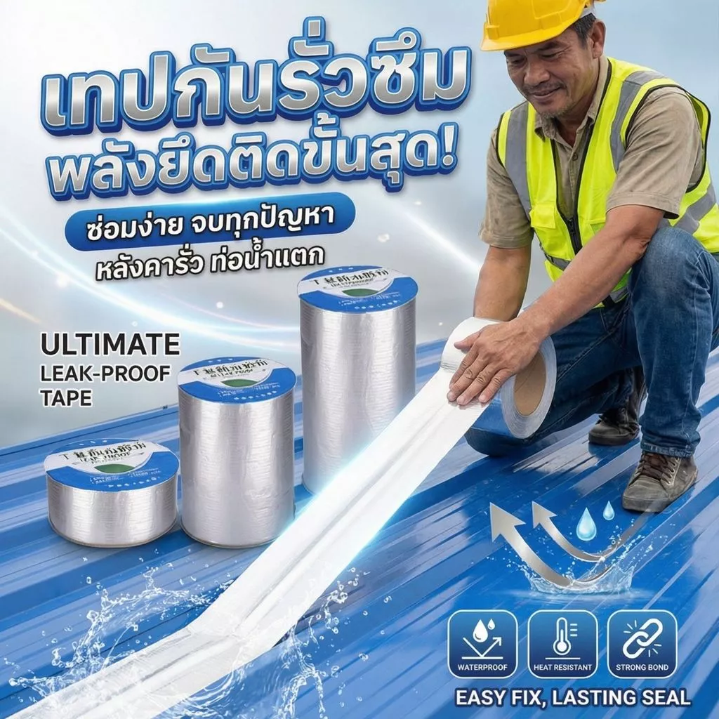 เทปติดหลังคากันรั่ว สู้แดดเมืองไทย สะท้อน UV ไม่กลัวร้อน กาวไม่ละลาย ยิ่งร้อนยิ่งแน่นนยาว 5 เมตร