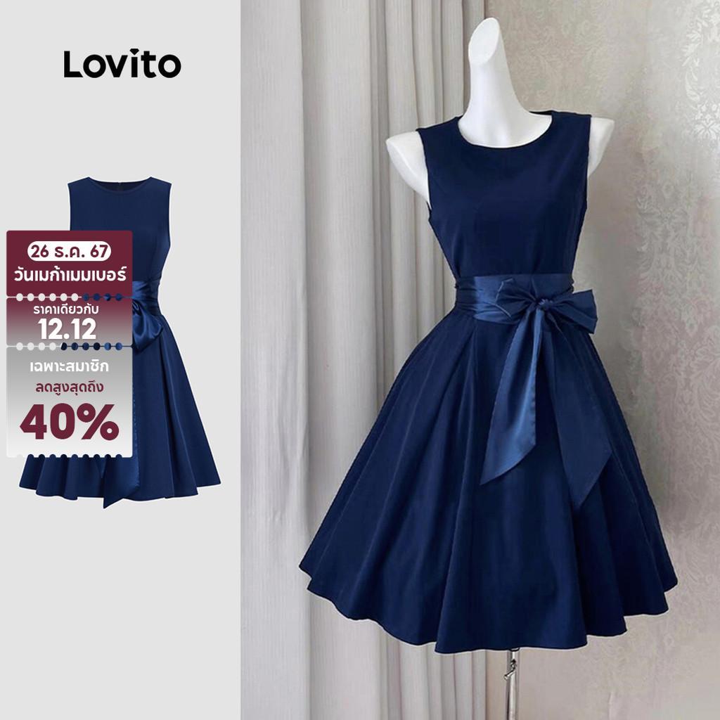 Lovito ชุดเดรสหรู ผ้าตกแต่งด้วยเทปตัดต่อลายเย็บ สีฟ้าเข้ม ฤดูใบไม้ผลิ/ฤดูร้อน L155AD289