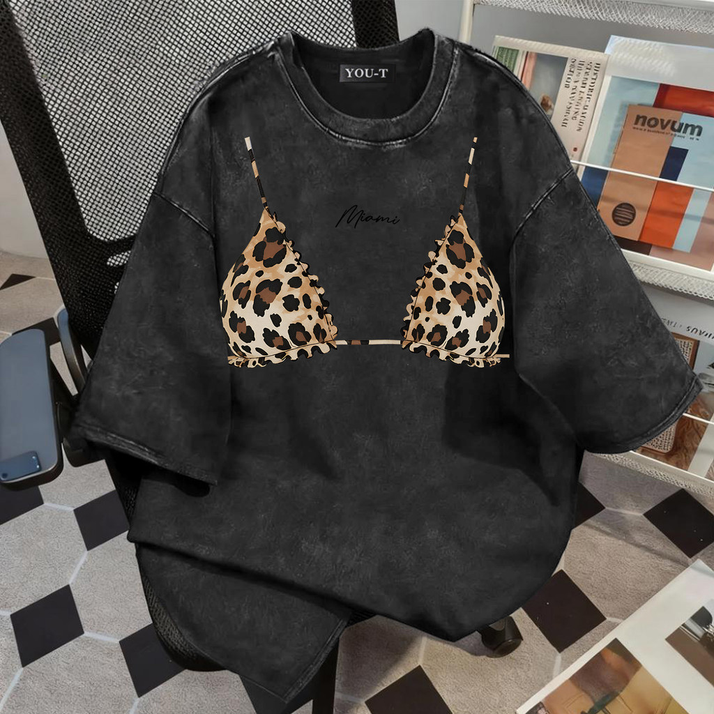 Top.street [COD]เสื้อวินเทจ เสื้อฟอก แขนสั้น คอกลม oversize ไม่ต้องรีด 'Leopard print bra'