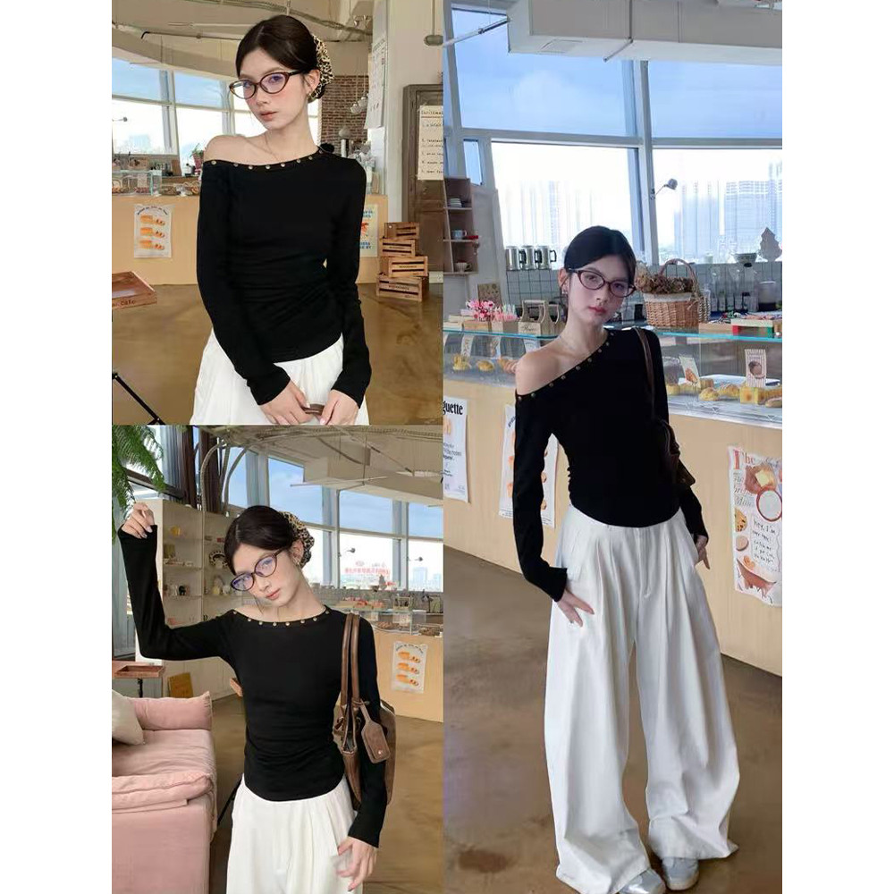 <Moses Queen> เสื้อยืดยาวแขนยาวสีดำไหล่เฉียงสไตล์อเมริกัน เสื้อท่อนบนรัดรูปเปิดไหล่สั้นสำหรับฤดูใบไม้ร่วงและฤดูหนาว