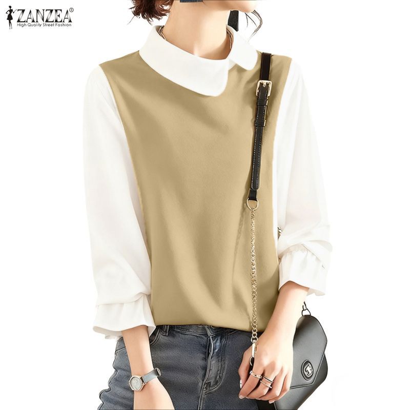 ZANZEA เสื้อแฟชั่นเกาหลีสำหรับผู้หญิง ดีไซน์คอกระพันหมุน แขนยาว 3/4 กับปลายแขนระบายตกแต่ง
