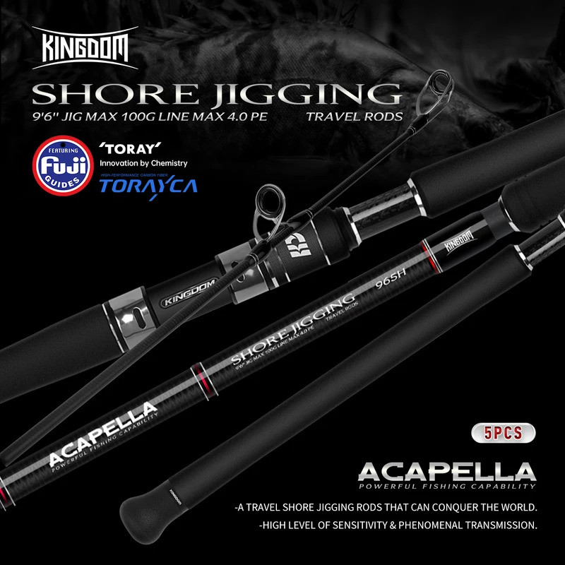 Kingdom Acapella Travel Shore Fishing Rod 2.9m H Fuji Set Spinning Rods Lure 100g แบบพกพา 5 ส่วน Jig