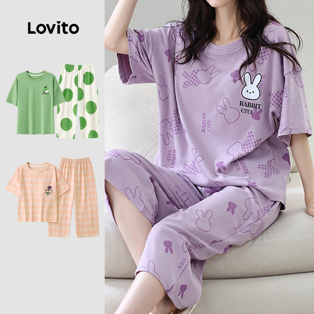 Lovito ชุดนอนคู่เซต2ชิ้นลายกระต่ายสีม่วงอ่อน ชุดนอนผู้หญิงใส่สบายฤดูร้อน LNE141002