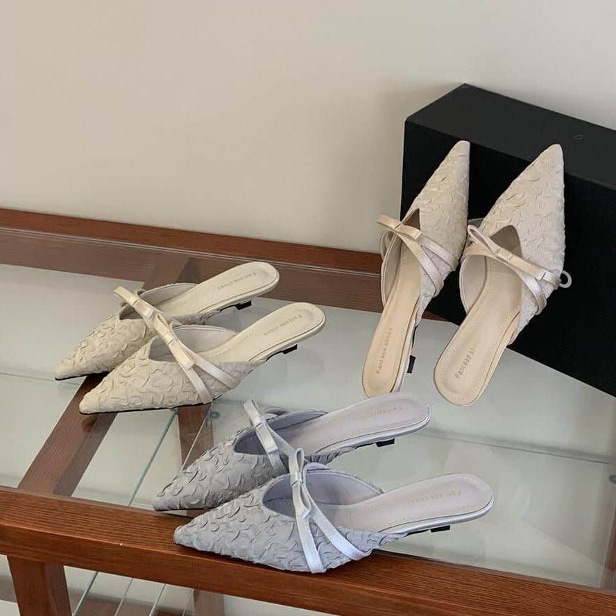 TT Sweet Pointed Toe รองเท้าแตะผู้หญิงโบว์โบว์ Slip-on @-