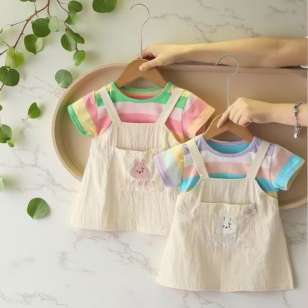เดรสเด็กผู้หญิงลายกระต่ายสีพาสเทล2in1เสื้อยืดแขนสั้นลายทาง