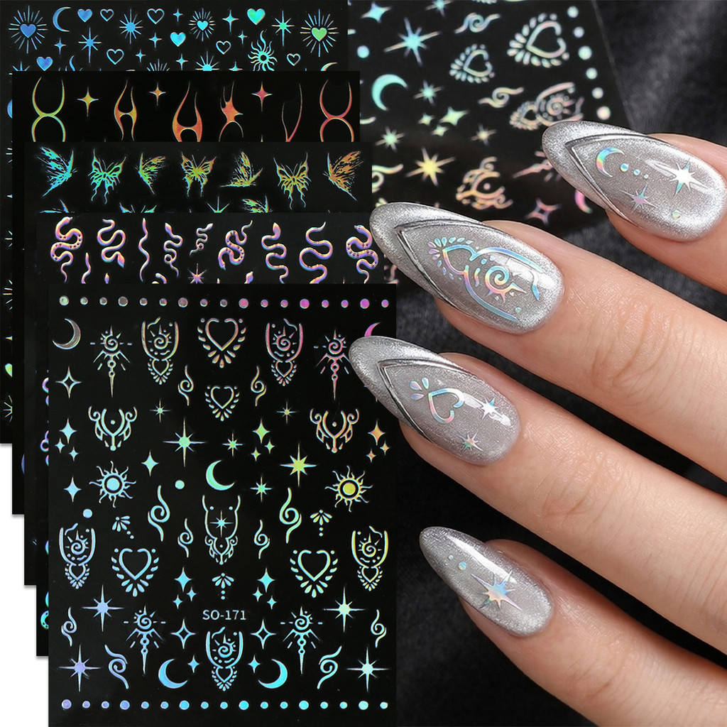 HAMA Aurora Holographic Nail Art สติกเกอร์ 3D เลเซอร์เงินสีดํา Star Moon ผีเสื้องู Tribal Design Y2K Cyberpunk สไตล์ Self-Adhesive Nail Decals ตกแต่งเล็บ DIY ชุด