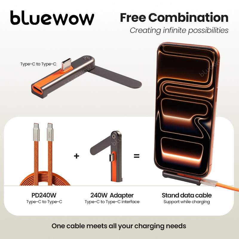 Upgrade 2-in-1BlueWow 240W Type-C Angled Stand Data Cable 1.5m | 90° สายเกมส์ข้อศอก | ชาร์จเร็วและขาตั้งโทรศัพท์แบบพับได้ที่มองไม่เห็น