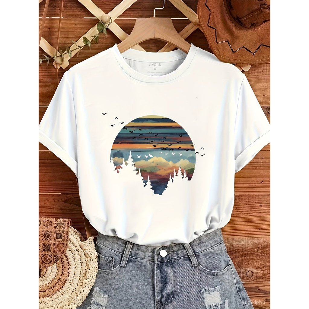 เสื้อยืดลายภาพประกอบทิวทัศน์ G7271 รุ่นใหม่ปี 2024