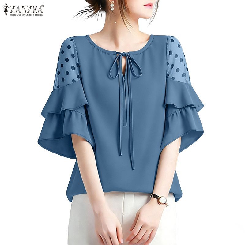 ZANZEA ผู้หญิงเกาหลีหรูหราทอลายจุด Ruffle Sleeve TieBow เสื้อหลวม