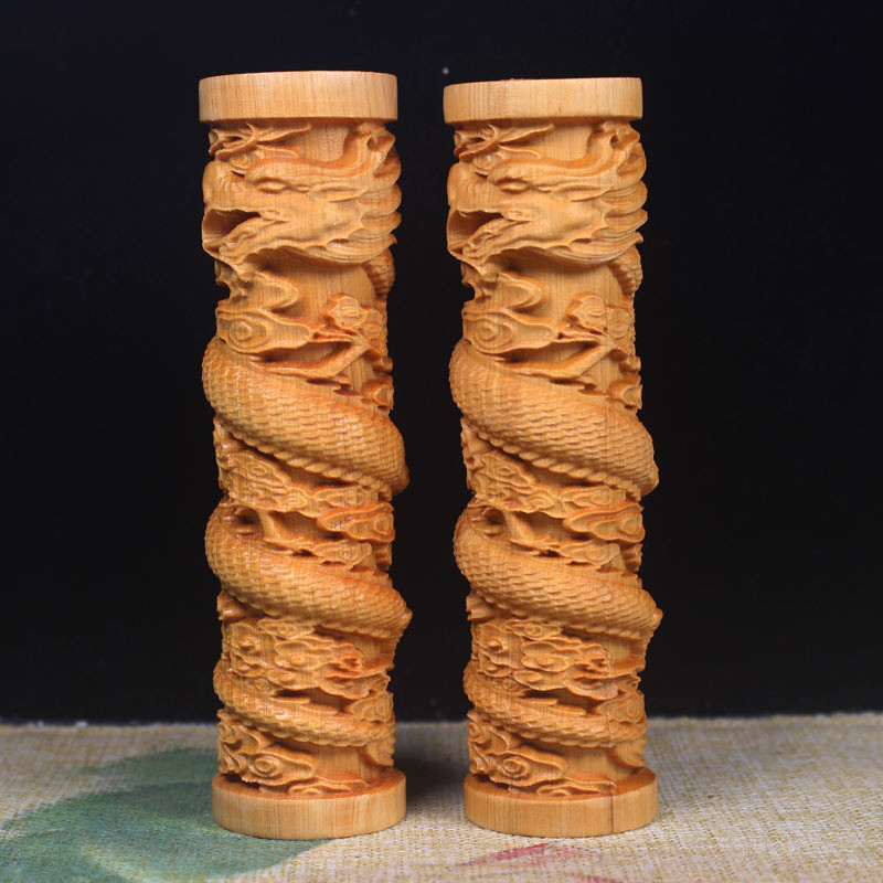 Cypress แกะสลักมังกรหัตถกรรมเครื่องประดับเมฆมงคลคอลัมน์มังกรสามมิติ Carv