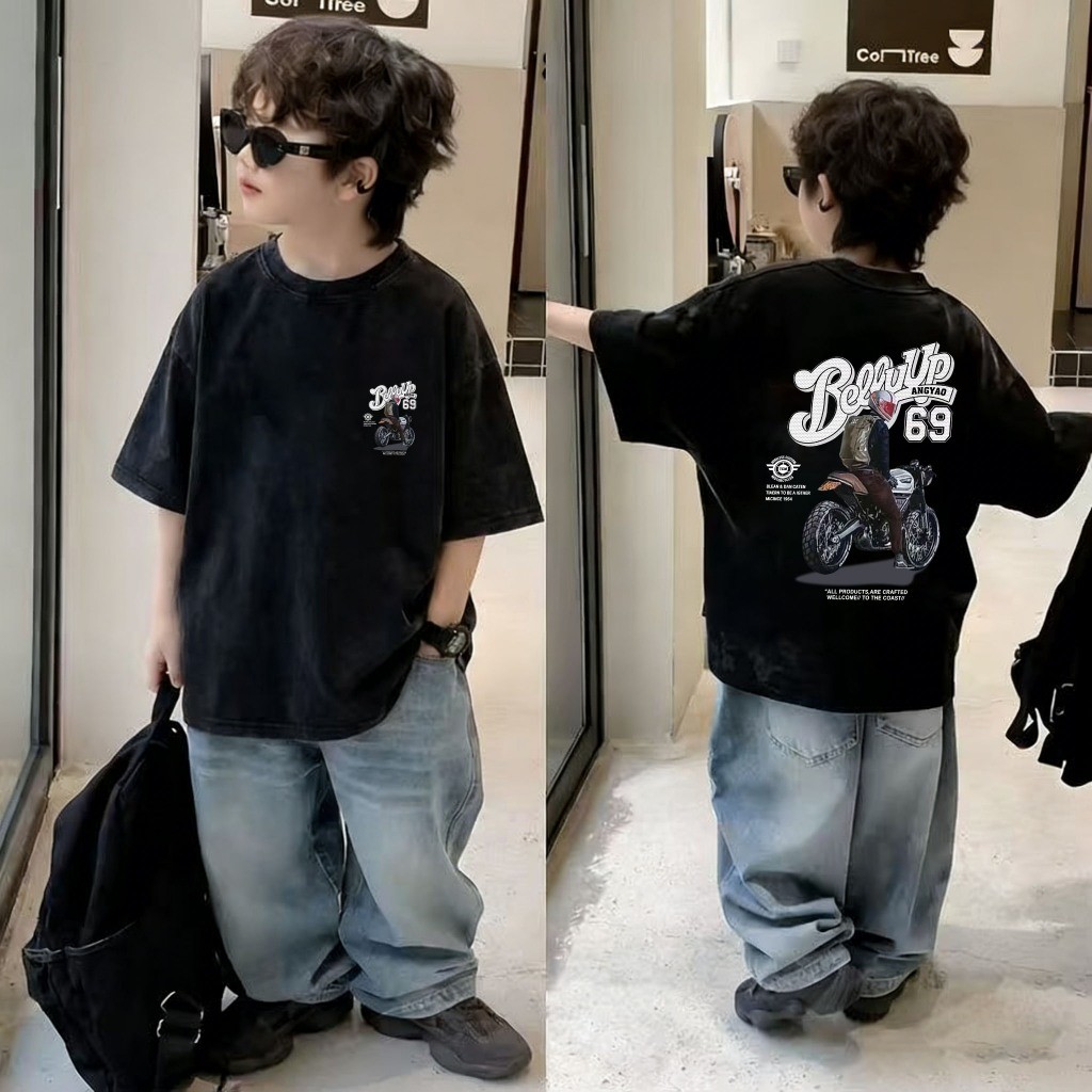 【จัดส่งภายใน24ชั่วโมง】100% COTTON เสื้อยืดเด็กสีดำวินเทจ 🏍️ ลายมอเตอร์ไซค์สุดเท่ นุ่มเย็น ระบายอากาศดี ส่งจากกรุงเทพฯ
