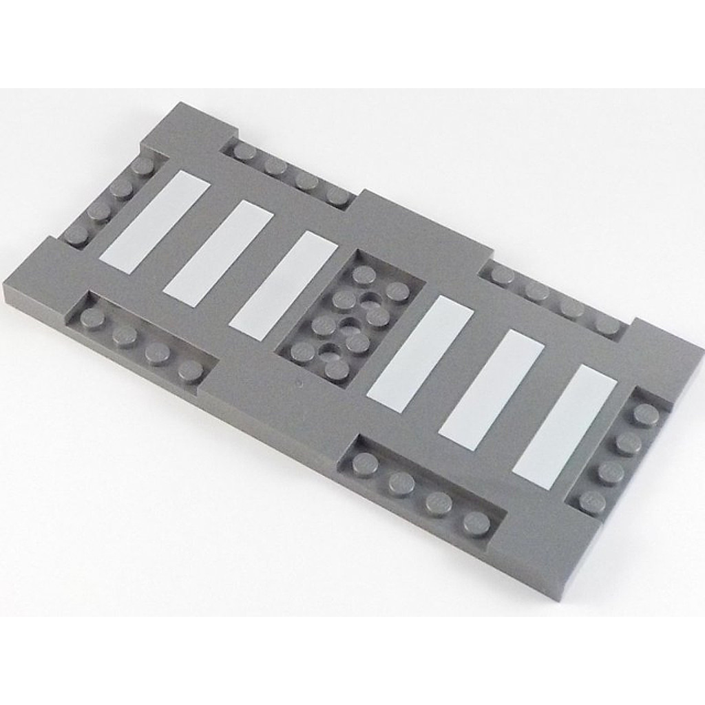 Brick2cube Part - Brick, Modified 8 x 16 x 2/3 with 1 x 4 and 2 x 4 Indentations with 6 White Stripe