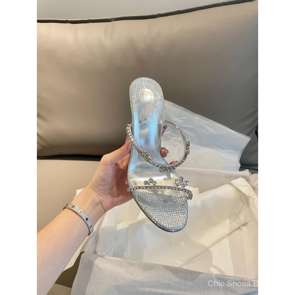 [คุณภาพสูงสุด] Silver Diamond High Heel Sandals Flat High Heel Red Sole