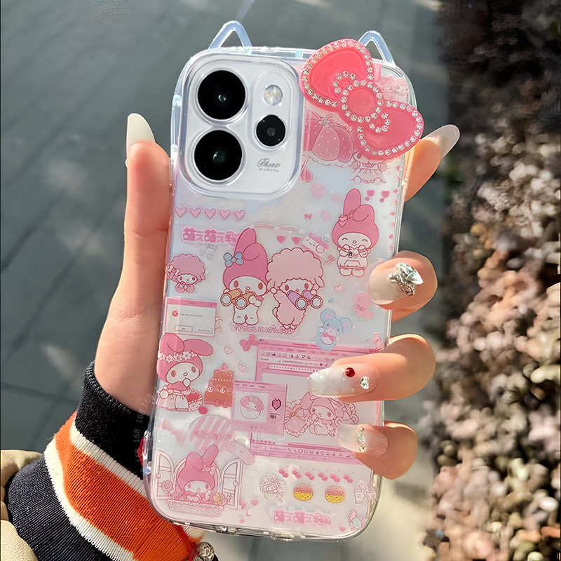 เคส OPPO Reno 15 5G เคส OPPO Reno 15 Pro 5G Pro Max เคสการ์ตูนเมโลดี้คริสตัลสีชมพูโบว์ การ์ตูนหูแมว เคสใสกันกระแทก หนาแบบแอร์แบ็ก ป้องกันการตก เคสนุ่มน่ารักสำหรับเด็กผู้หญิง นักเรียน และสุภาพสตรี