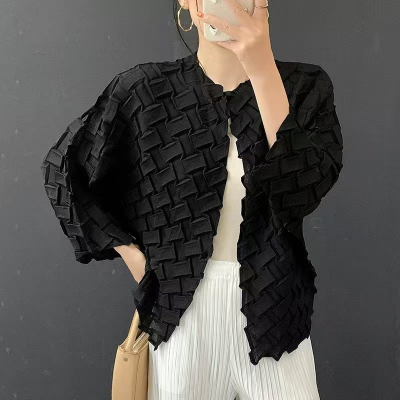เสื้อผ้าจีบจีบจีบสีทึบทอตรวจสอบปุ่มแจ็คเก็ตแฟชั่นอายุลดหลวมสบายๆทุกการแข่งขันแจ็คเก็ตของผู้หญิง