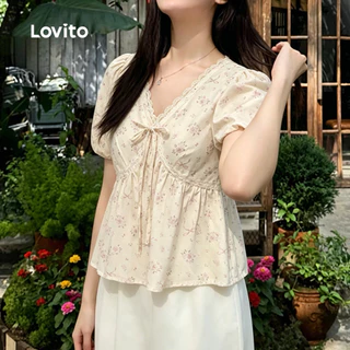 Lovito วันหยุด เสื้อเชิ้ตผู้หญิงลําลองลายลูกไม้ ผูกเชือก สําหรับฤดูใบไม้ผลิ/ฤดูร้อน สีแอปริคอท เกาหลี อินเทรนด์ LK3AD406
