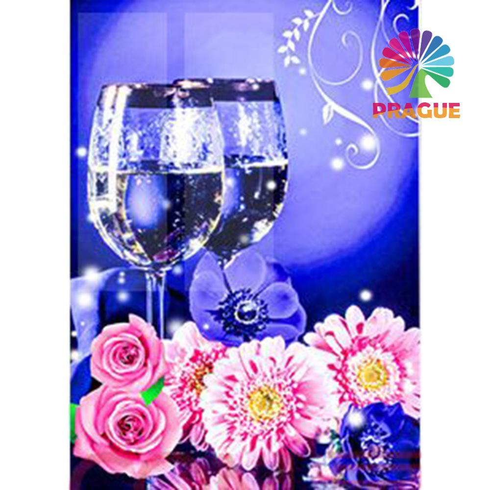 (DB3177) เต็มเจาะเพชรจิตรกรรมแก้วไวน์ดอกไม้ปักครอสติโมเสค (t576) 20X30cm
