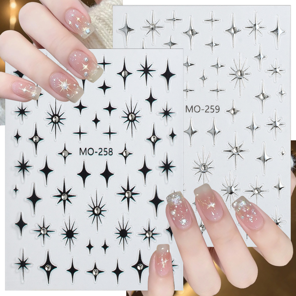 2/4 แผ่น 5D Starburst สติ๊กเกอร์ติดเล็บสีดําเงินนูน Galaxy Star Nail Art Decals Rhinestone Line Star DIY เล็บ