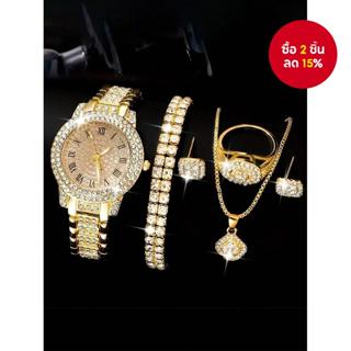 เพชรโรมันหน้าปัดนาฬิกาและเครื่องประดับชุดสายเหล็ก6ชิ้นควอตซ์…