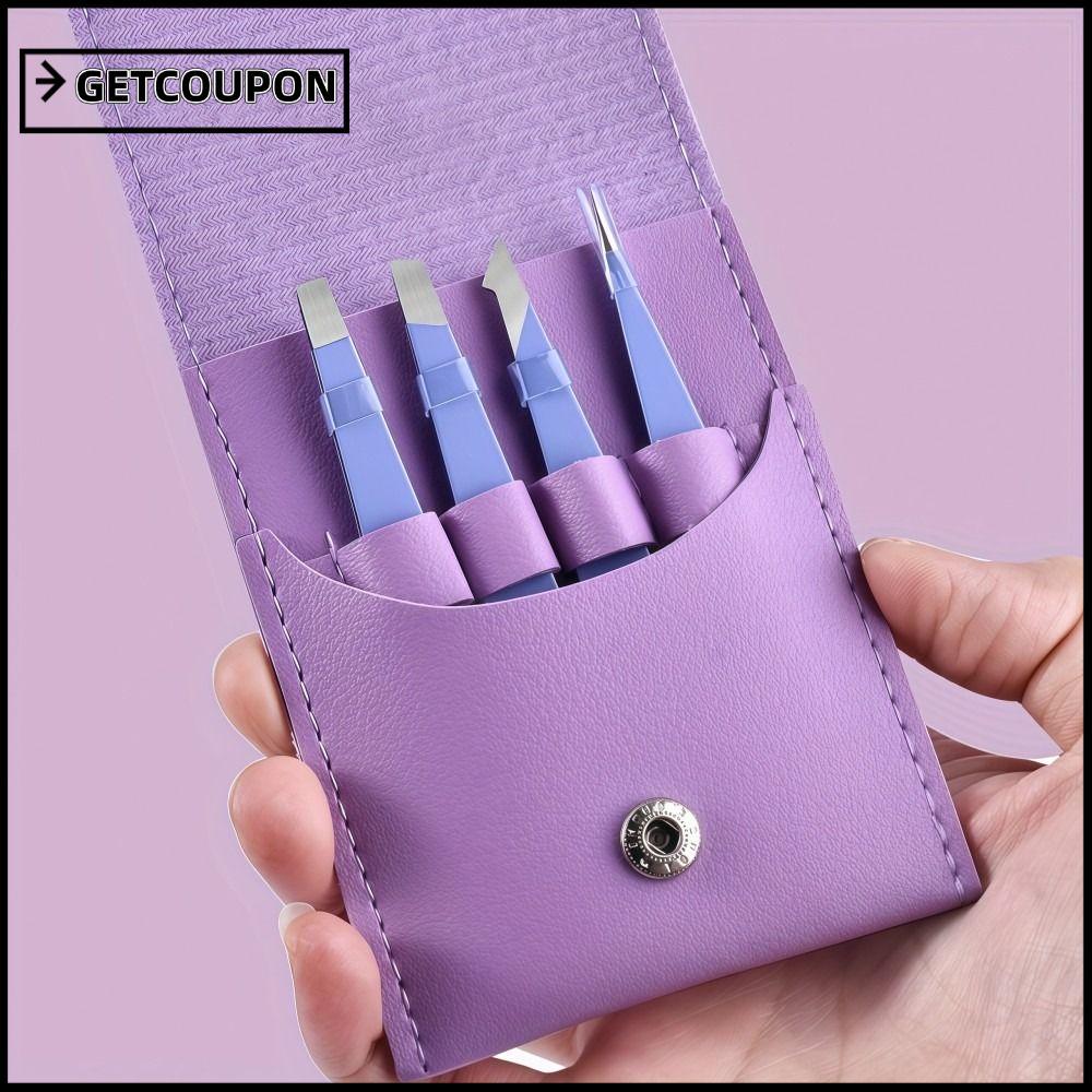 GETCOUPON 4 ชิ้น/เซ็ตแหนบคิ้ว, แหนบกําจัดขนปากเฉียงสแตนเลส, ปลายปลายแหลมแบบพกพาพร้อมถุงเก็บ แหนบคิ้ว กําจัดขนบนใบหน้า