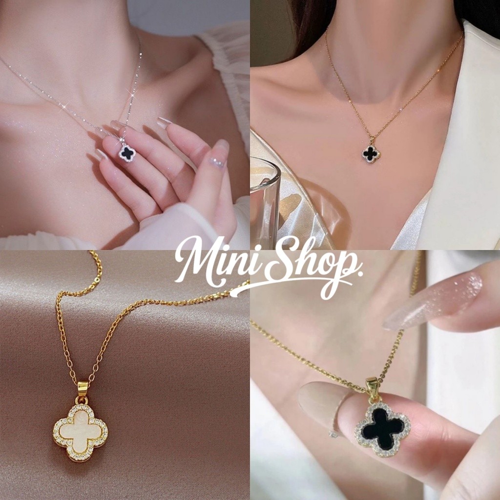Mini shop🌸พร้อมส่ง🌸(BRL-22) สร้อยคอแฟชั่น สีดำขาวทอง ลายดอกไม้แต่งเพชร