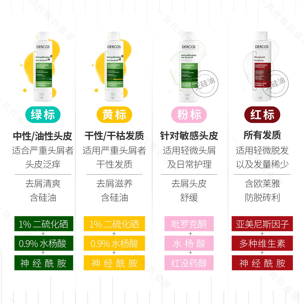 French Vichy dercos แชมพูป้องกันรังแคซิลิโคนฟรี 200 มล./390 มล. ฉลากสีเขียว/ฉลากสีชมพู/ฉลากสีเหลือง