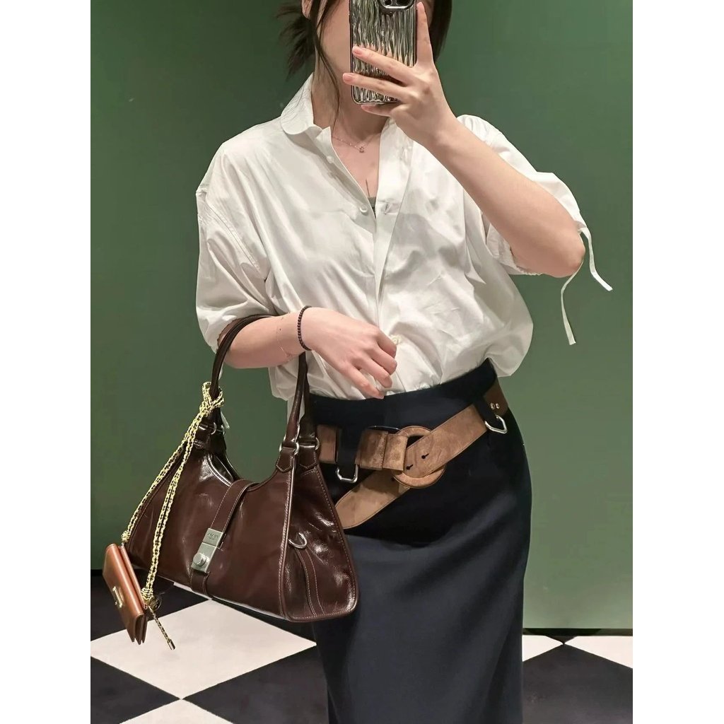 เสื้อเชิ้ตแขนสั้นแฟชั่น คอปกกลีบ Cuffs Laced-Up Bows Echo ออกแบบมาให้เข้าได้กับหลายสไตล์