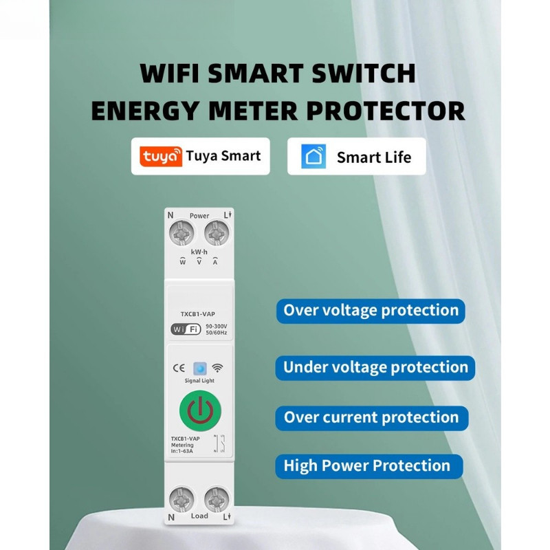 ทํางานกับ Tuya WiFi สมาร์ท Circuit Breaker MCB 1P + N 63A Power kWh แรงดันไฟฟ้า Current Meter Protector