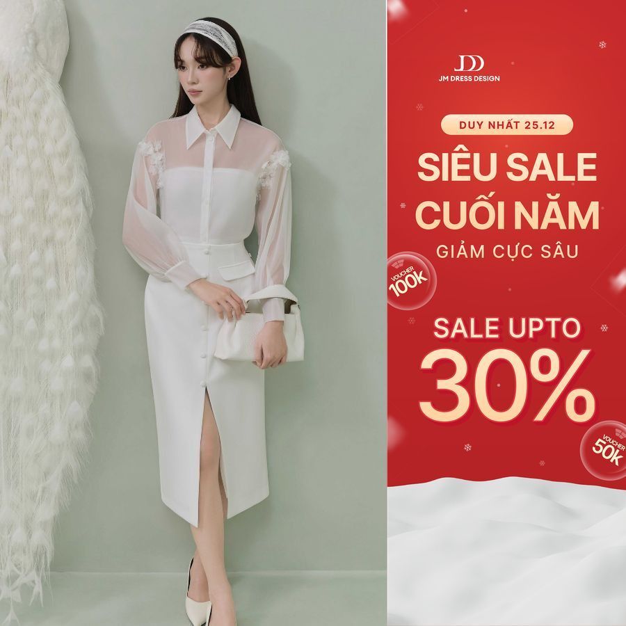 เสื้อเชิ้ตลายดอกไม้ 2S25.2507OG + กระโปรงแหวกหน้า 4L09 – Feminine, Elegant White Set JM