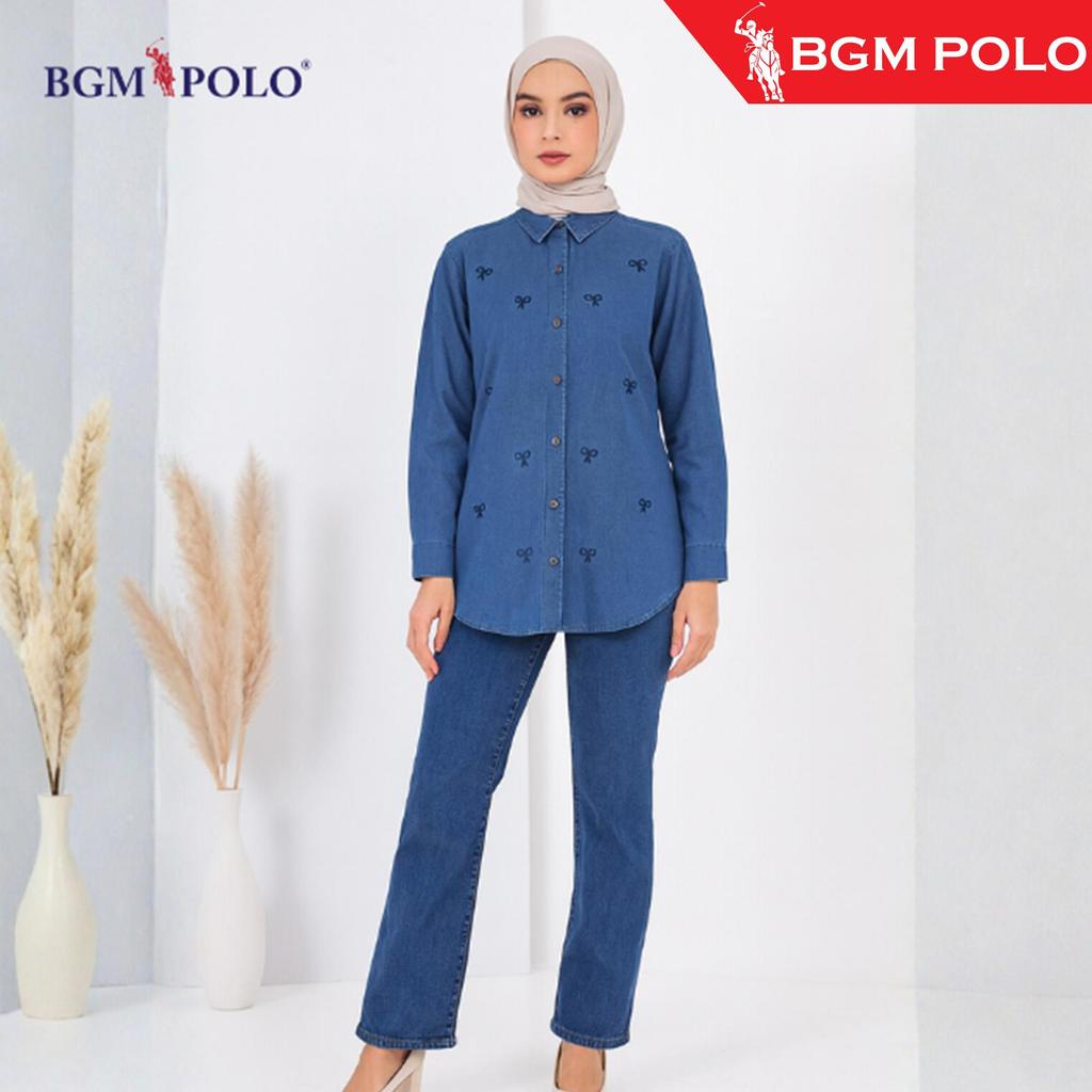 BGM POLO ผู้หญิง DENIM BLOUSE RIBBON EMBROIDERY ปุ่มเต็ม-BP-DBRE346FB-RJ1 เสื้อผ้าเสื้อผู้หญิง