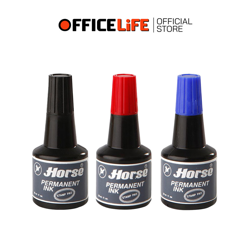 HORSE (ตราม้า) หมึกเติมแท่นประทับ หมึกเติม ขนาด 30cc กันน้ำ สี ดำ น้ำเงิน แดง ( 1 ขวด )